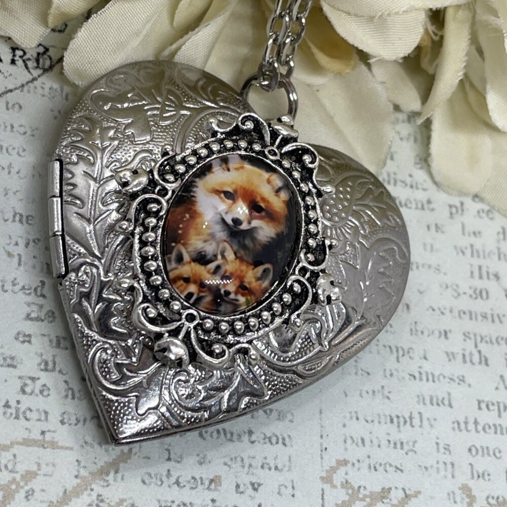 Heart Silver Locket Fox Foxes Mom Baby Kit Nature Gift Necklace Photo wedding